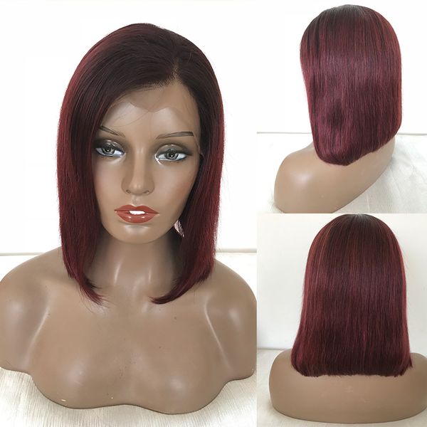 

1b/99j короткие человеческие волосы боб парики с волосами ребенка предварительно сорвал девственные кружева фронт парик ombre бразильский по, Black;brown