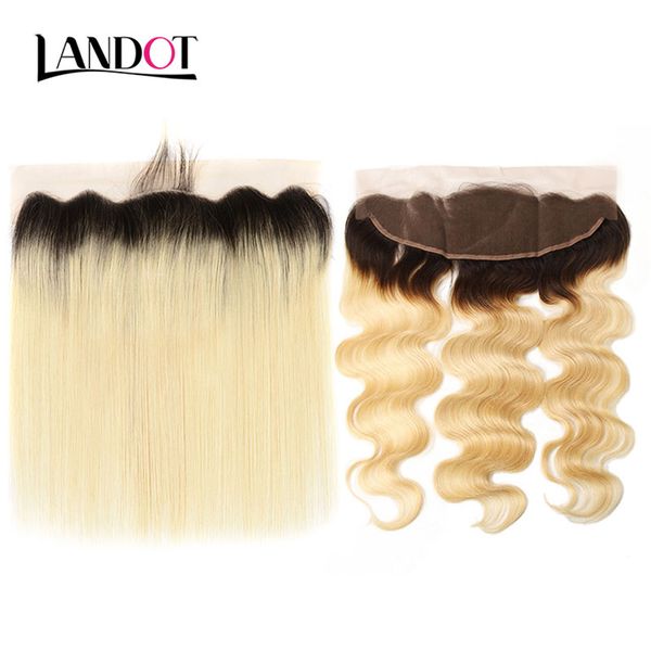 

ombre 1b/613# bleach blonde brazilian virgin human hair lace frontal closure 13x4 size peruvian malaysian indian body wave straight closures, Black;brown