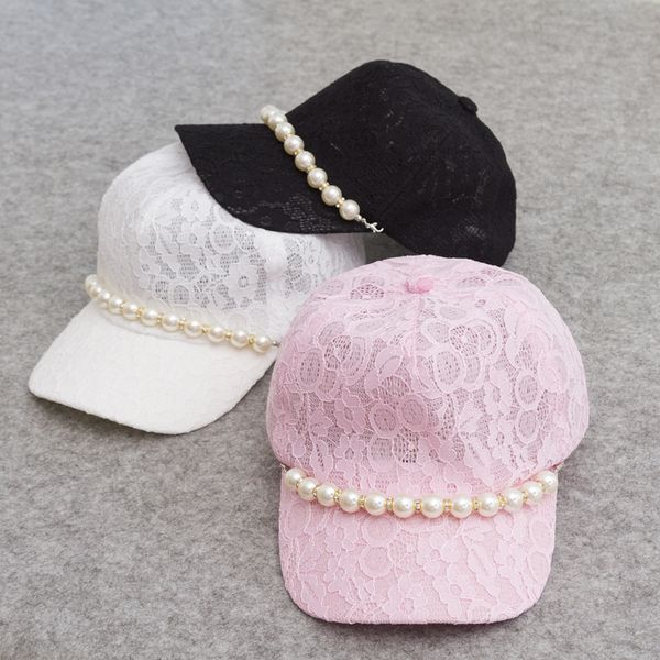 

2017 new fashion summer women black white pink lace floral baseball caps with pearl, Blue;gray