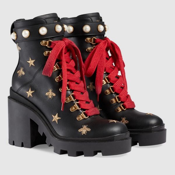 

roman black italy real leather martin boots women american ankle boot embroider bees shoes square and high heels female shoes leather boots