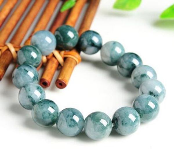 

14mm 100% natural a grade green jade jadeite round gemstone beads bracelet 7.5, Golden;silver