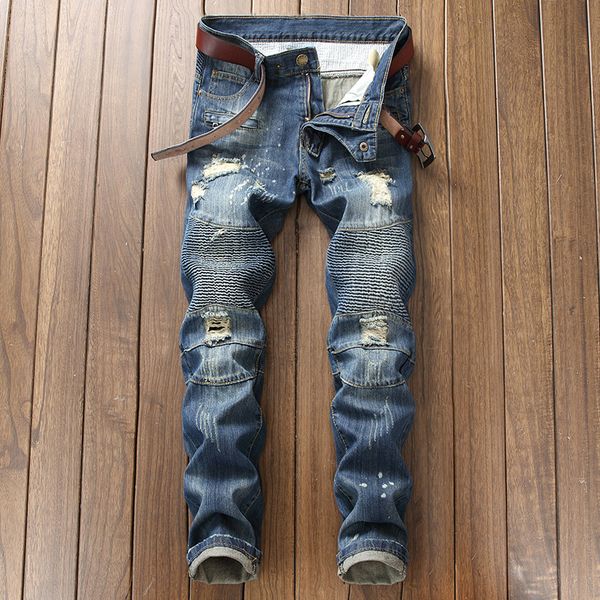 

night club button biker jeans men hole denim blue ripped jeans distressed trousers cotton plus