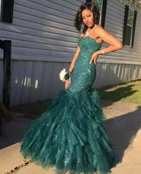 

Hunter Green Mermaid Prom Dresses 2018 Strapless Sparkly Lace Sequins Tulle Evening Dresses Floor Length Black Girl Wear Formal Party Gowns