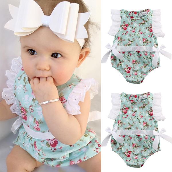 

cute newborn toddler baby girl clothing flower bow cute clothes lace floral bodysuit outfits summer 0-24m, Blue