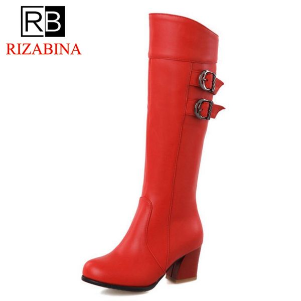 

rizabina plus 4 color size 28-52 women high heel boots winter warm zipper buckle knee boots classic daily shoes women footwear, Black