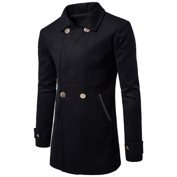 

2018 fashion men's autumn winter coat turn-down collar solid wool blend men pea coat double breasted winter slimming overcoat, Black