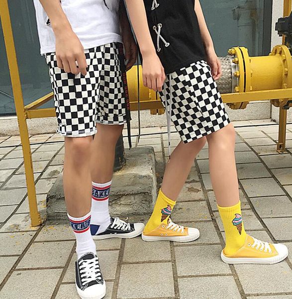 

summer harajuku street vintage black white plaid checkerboard loose shorts, White;black