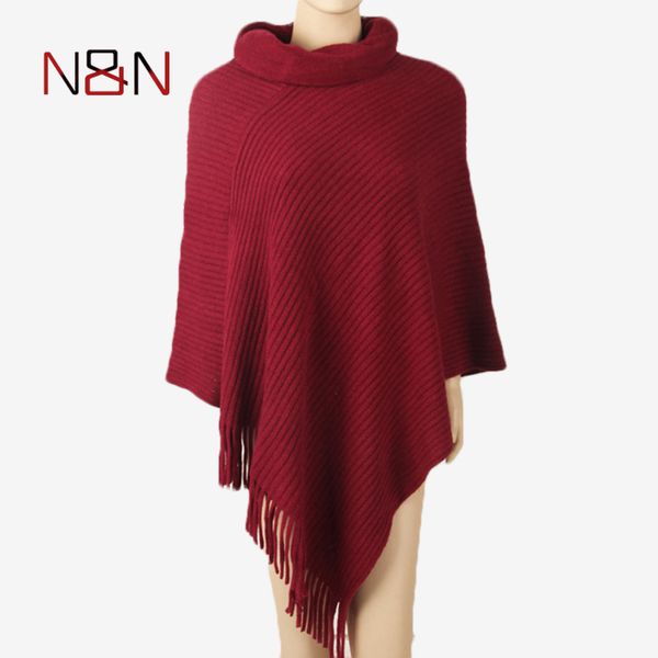 

winter turtleneck knitted sweater women long poncho and capes thick warm pullovers solid tassel batwing sleeve sweaters ph08, White;black