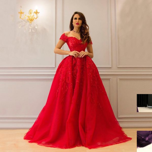 

off the shoulder ball gown evening dresses sweetheart appliques beading tulle floor length elegant prom dresses formal gowns, Black;red