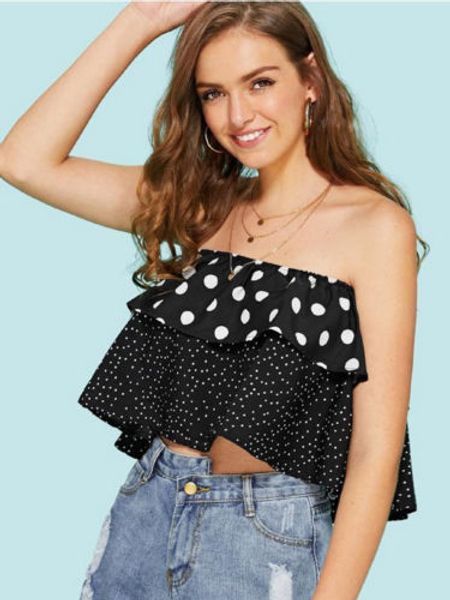 

backless ruffle dot crop tank shirt women summer clothing casual fashion women lady off shoulder sleeveless, White