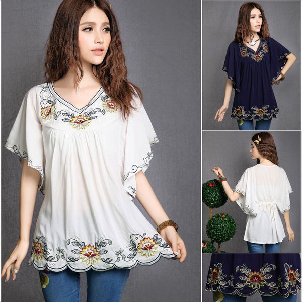 

2017 new fashion women plus size clothing vintage hippie boho ethnic totem pattern embroidered blouse blusas ing, White