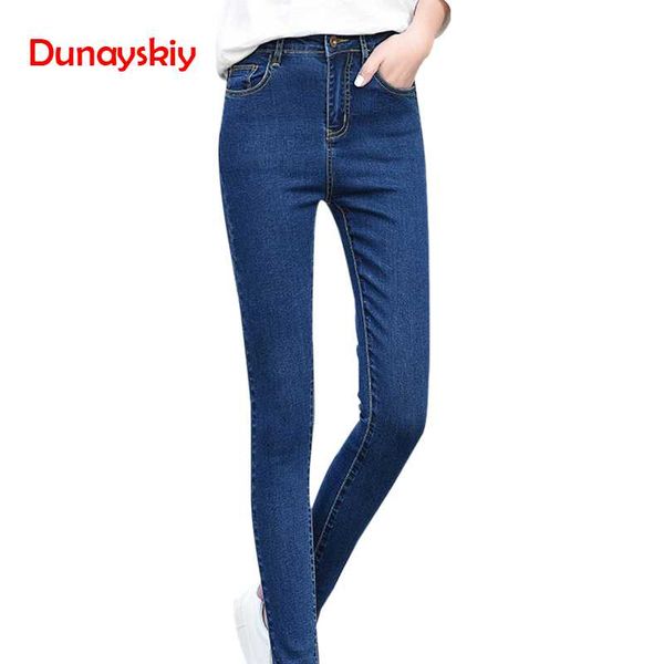 

dunayskiy jeans women 2018 fashion denim pencil pants high waist skinny slim stretched 3 colors solid long female pants trousers, Blue