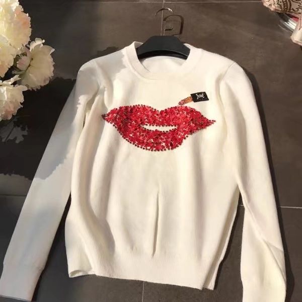 

brand designer luxury sequins women sweaters 2018 autumn winter fashion round neck red lips beaded knit pullover jumpers streetwear, White;black