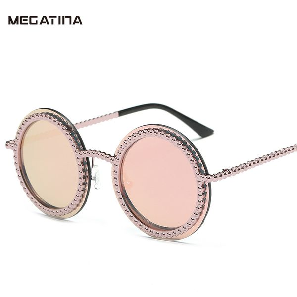 

megatina vintage round frameless sunglasses women brand design metal pearl pink goggles female uv400 anti-uv eyewear ks7072, White;black