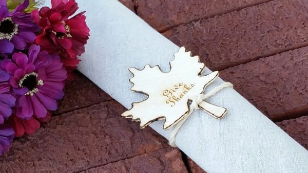 

custom engraved, fall leaf napkin rings, give thanks, thanksgiving table decor