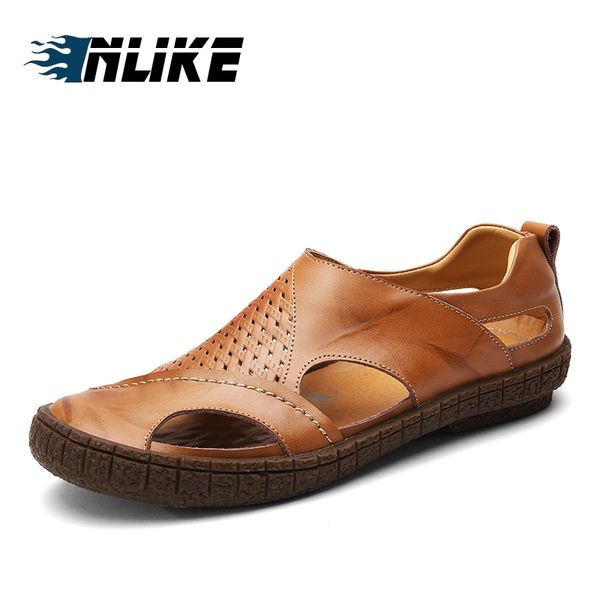 

inlike men cow leather sandals outdoor summer handmade men shoes breathable casual shoes footwear walking sandals, Black