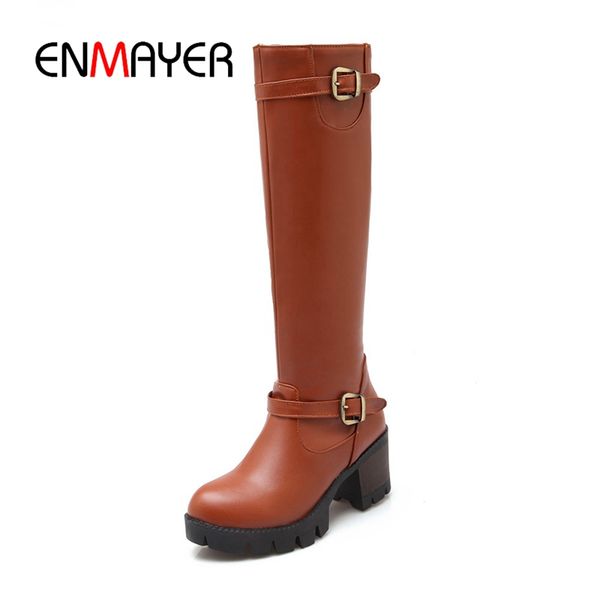 

enmayer new fashion women square heel buckle zip knee high boots lady solid high heel boots zyl706, Black