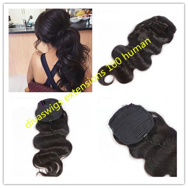 

brazilian virgin hair natural black color brazilian body wave human hair ponytail with combs 120g pony tails