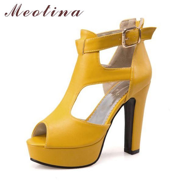 

meotina shoes women gladiator shoes high heel sandals autumn summer peep toe t-strap platform high heels zip yellow size 12 46, Black