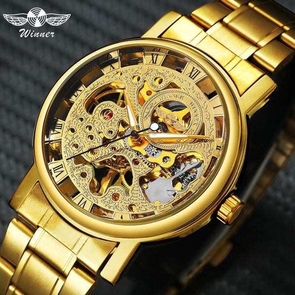

winner royal golden skeleton mechanical watch men stainless steel band roman number dial hand-wind wristwatch, Slivery;brown