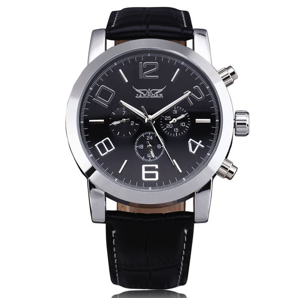

fashion jaragar brand mechanical watch men steel case calendar hour week dial leather strap male dress automatic wristwatch, Slivery;brown