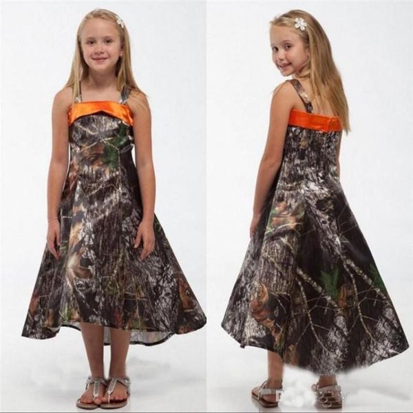 

Newly Camo Flower Girl Dresses Spaghetti Straps A Line Tea-Length Junior Girls Pageant Dresses Hi Low Wedding Party Gowns