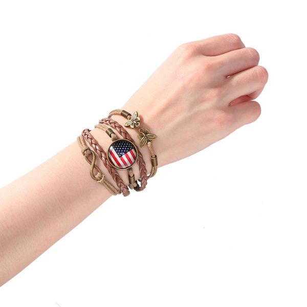 

6pcs american flag fashion jewelry women gift multilayer brown leather bracelet bangle, Black