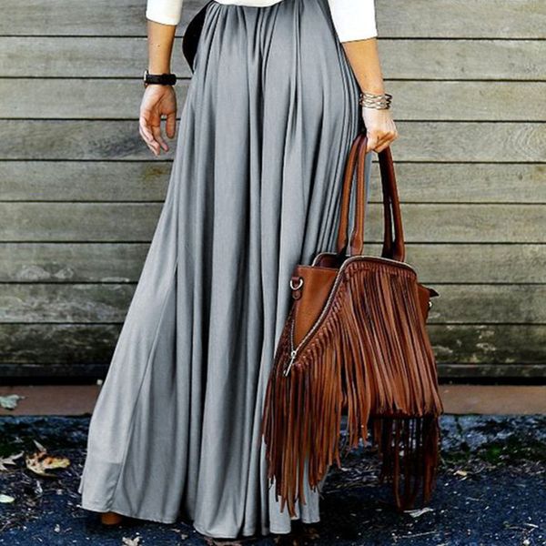 

elegant loose pleated women skirt solid high waist floor-length ladies skirts long party skirt, Black