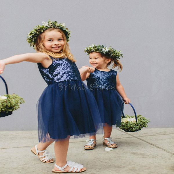 

vintage navy blue sequins flower girl dresses knee length neckline tulle country fall little girls pageant dresses simple junior, White;blue