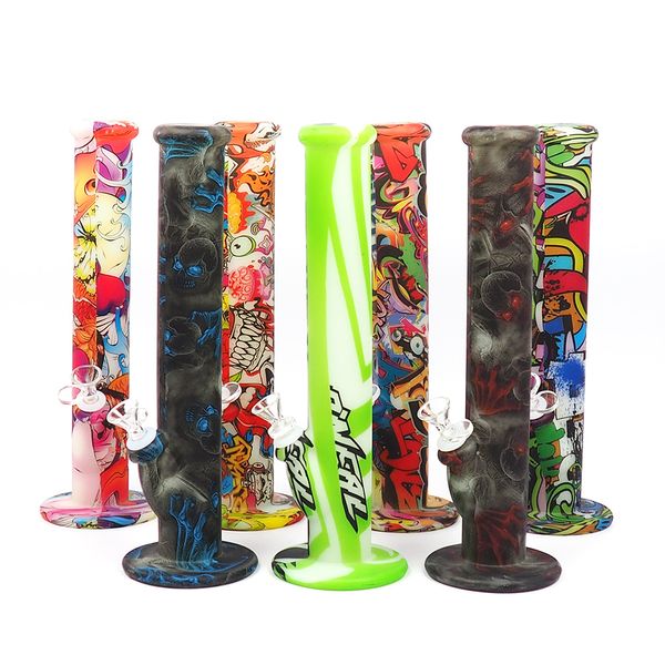 14 '' reta printingSilicone Bongs fumadores Vidro Cano de água portáteis Pipes Hookah tabaco com bacia de vidro seco Herb Wax vaporizador Atacado