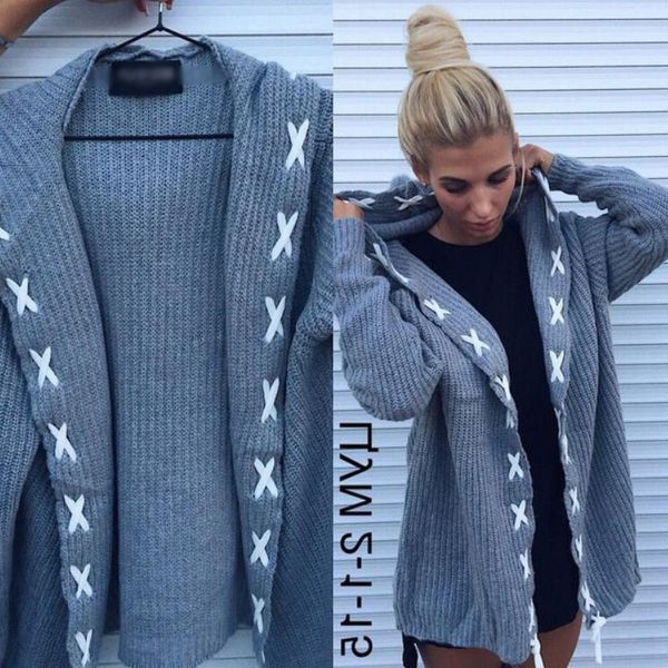 

women cross drawstring sweater long sleeve hooded cardigan women loose sweater 2018 winter ladies knit cardigans plus size, White;black