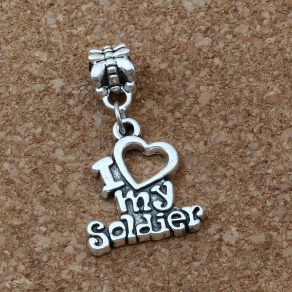 

MIC . 100pcs/lot Dangle Antiqued Silver Alloy " I love my soldier " Charm Big Hole Bead Fit Charm Bracelet Jewelry 17x 32mm A-174a