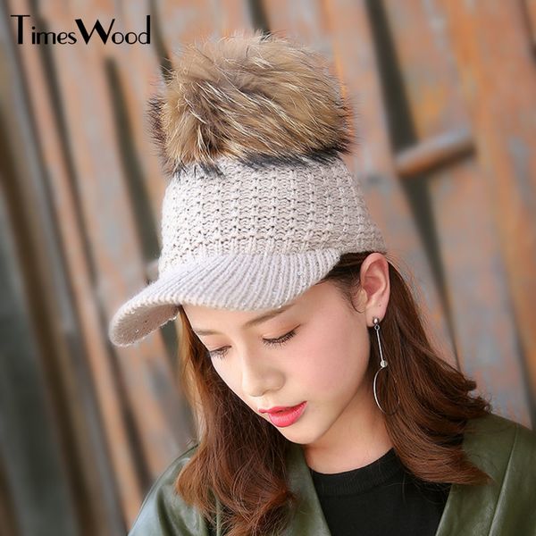 

genuine raccoon fur kawaii women's winter baseball caps knitted hats brand pom pom timeswood fashion for ladys knit hat 2017 new, Blue;gray
