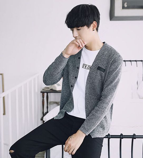 

men casual cardigans autumn slim fit sweaters shawl collar sweater solid color spring men open stitch trench coat, White;black