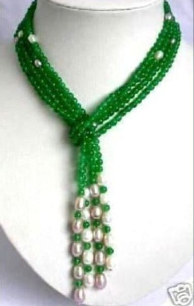 

6mm green jade + white pearl scarf form necklace 50", Silver