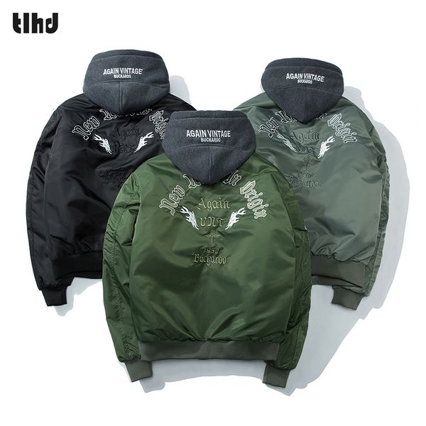 

tlhd men pilot clip ma1 gram male autumn winter loose plus cotton hooded jacket embroidery baseball uniform jackets, Black