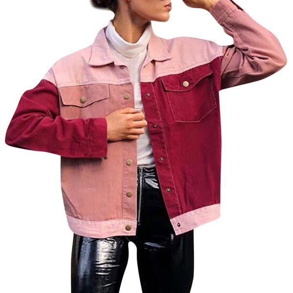 

women's denim jacket color block pocket jeans jackets slim fit casual streetwear vintage female jean clothing blouse outwear, Black;brown