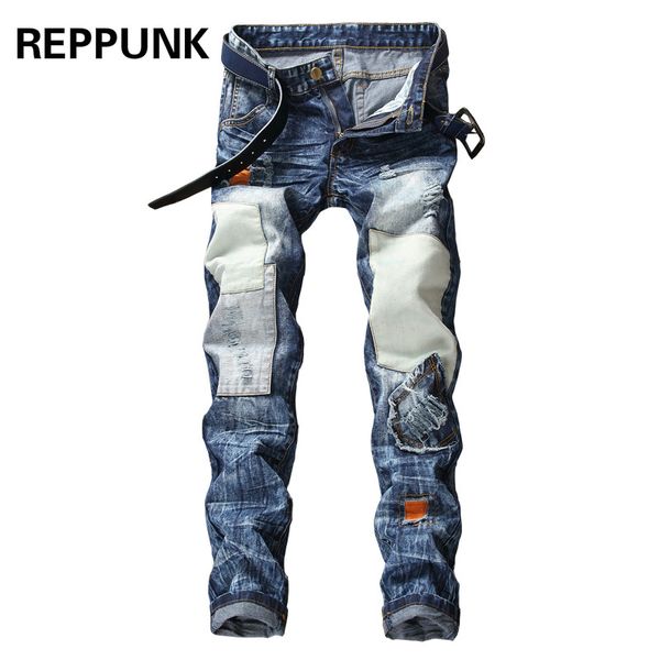 

2018 hole jeans men's slim straight large size summer version personality long pants male streetwear hiphop male denim pants, Blue