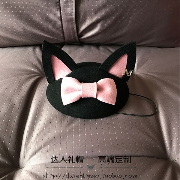 

wool, golden metal logo beret stereo ears pink bowknot adornment cap female stage cap, Blue;gray