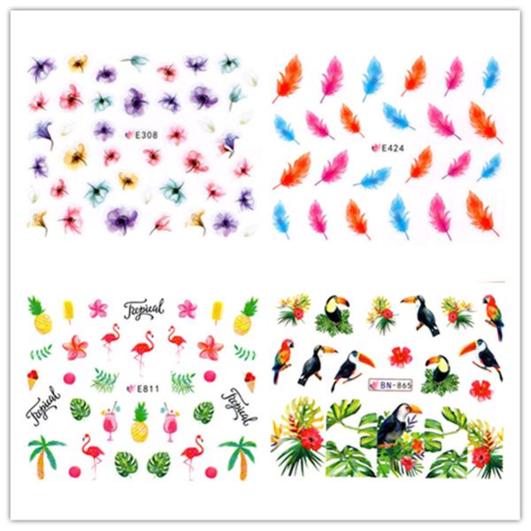 

12 designs water decals slider summer jungle flamingo parrot flora watermark nail sticker decoration wraps manicure, Black
