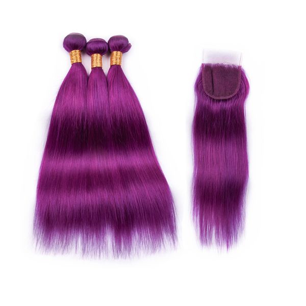 New Arrival Silky Straight Purple Human Hair 3 Bundles With Lace