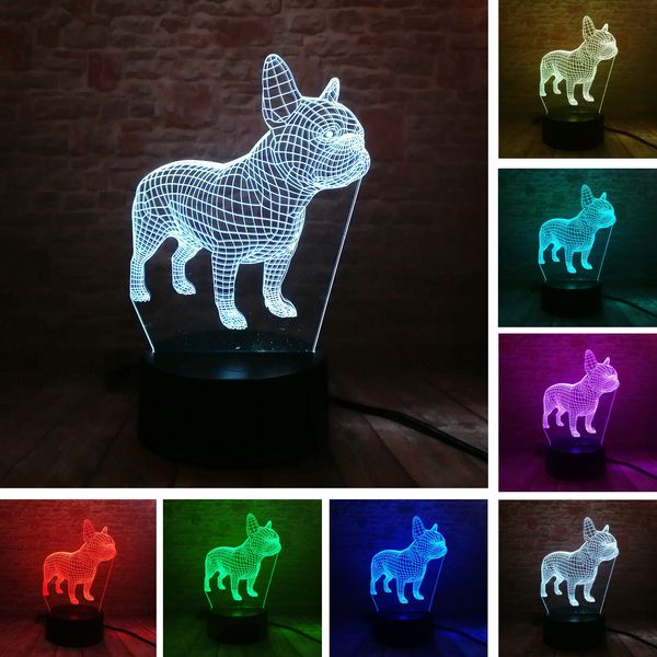 Bulldog francese 3D LED Night 7 colori USB Hologram Lamp Table Desk Sleeping Light