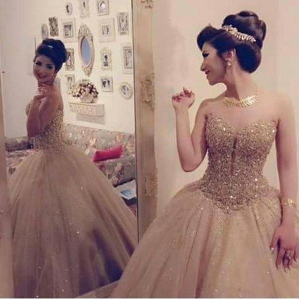 

Luxury Gold Sweetheart Neckline Tulle Ball Gown Princess Quinceanera Dress With Lace Sequin Bodice Sweet 16 Dress