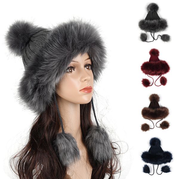 

women faux fur ushanka russain cossack fluffy pompom bomber hats earflap female winter fleece snow ski caps trapper cap, Blue;gray