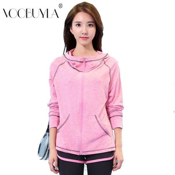 

voobuyla women running zipper sport jacket quick dry long sleeved cloths breathable gym sweatshirt fitness yoga shirts jackets, Black;red