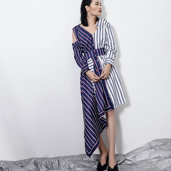 

2018 spring and autumn europe station striped stitching asymmetric strapless irregular cut ladies dress personality wild, Black;gray