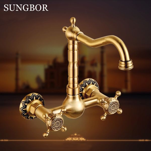 

brass wall mounted kitchen faucet and cold antique carved kitchen sink basin faucet tap mixer cf-9125f