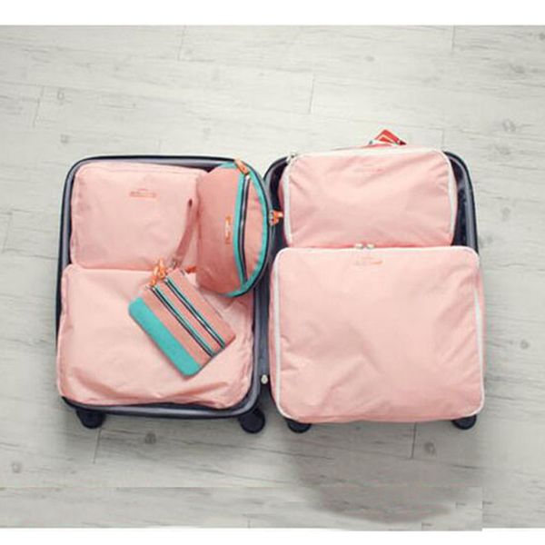 

5 pcs/set fashion luggage bag double zipper nylon waterproof women solid luggage travel bags packing cubes men organizer