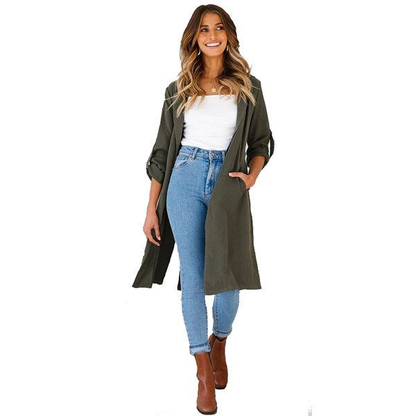 

2018 women trench wind coat outerwear lady long sleeve lapel collar cardigan fashion casual autumn ladies clothes costume, Tan;black