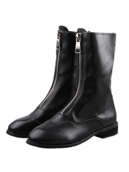 

new popular autumn winter mid women boots zip flats heels warm plush pu leather boots high quality, Black